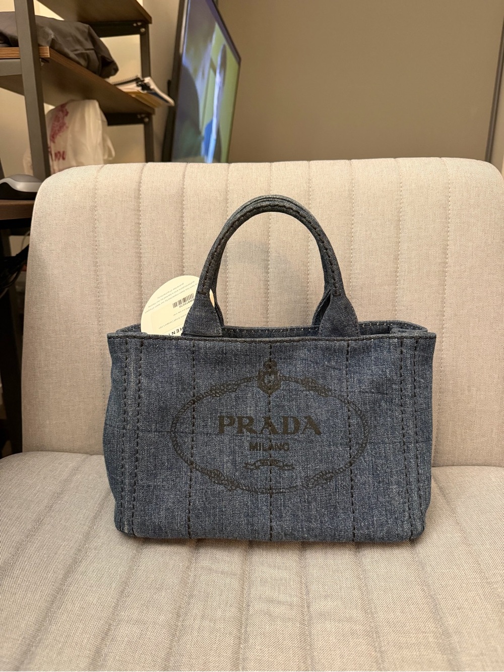Prada Canapa Mini Denim Tote - Dark Blue